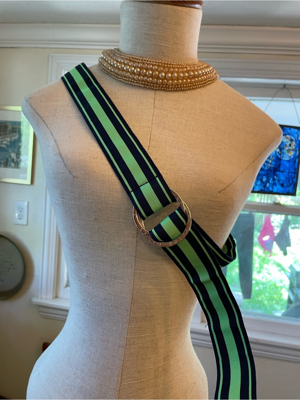 Lauren Ralph Lauren Green and Navy Striped Grosgrain Belt W Round Silver Buckle